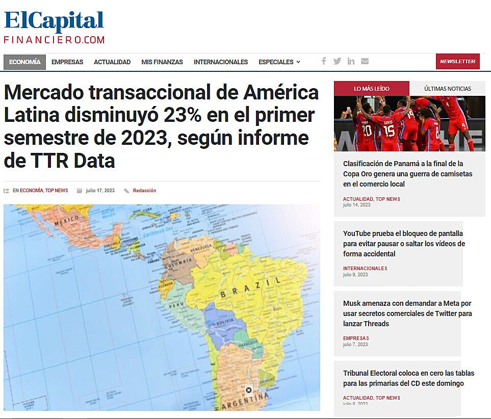 Mercado transaccional de Amrica Latina disminuy 23% en el primer semestre de 2023, segn informe de TTR Data
